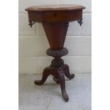 A late Victorian satinwood inlaid walnut sewing table, the octagonal top with a hinged lid,