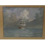 JP Main - a sailing ship with steam ship beyond pastel bears a signature & label verso 13.