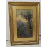 Late 19thC European School - tall trees with mountains beyond mixed media 14'' x 24'' the frame