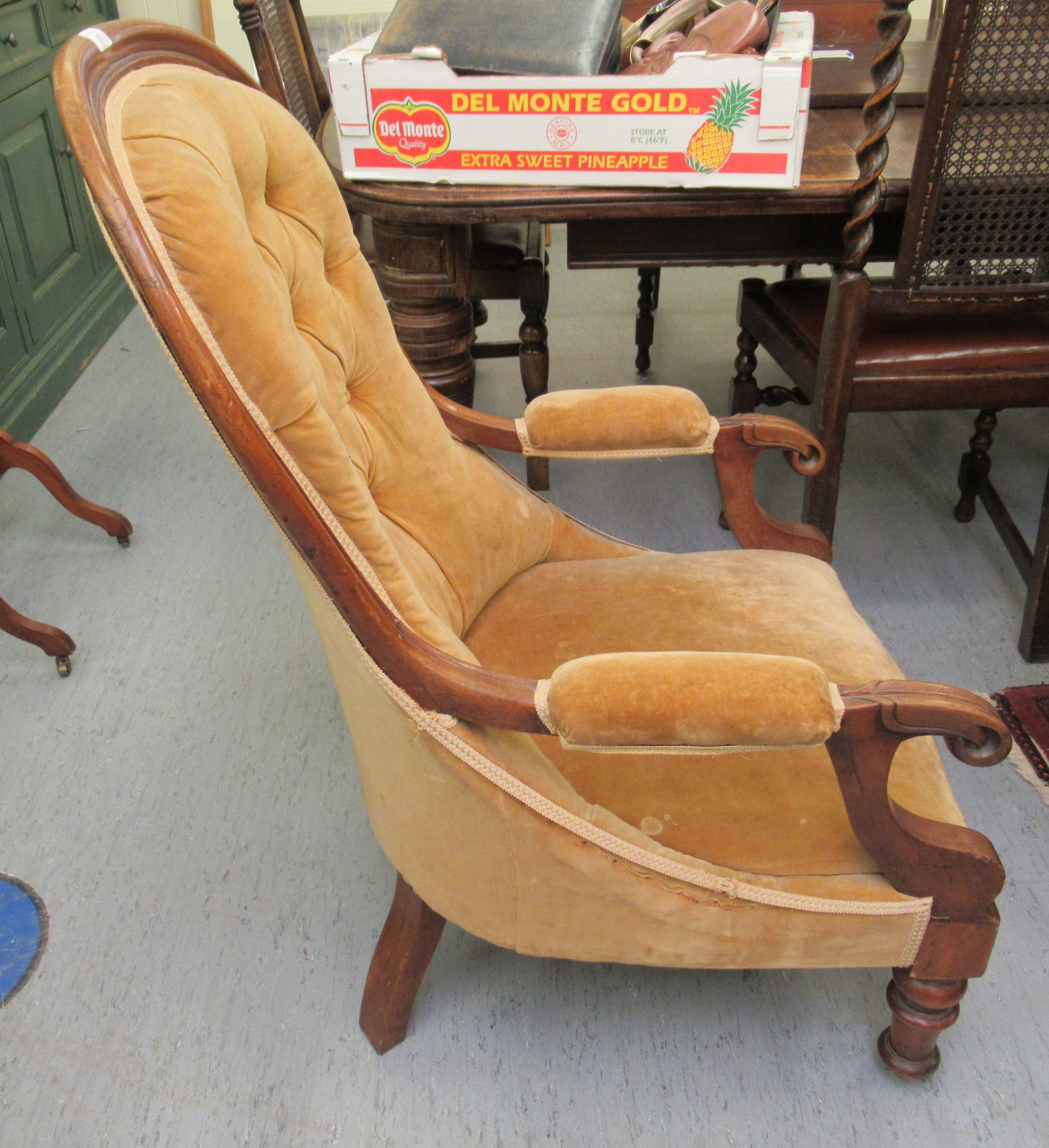 A late Victorian mahogany spoonback nursing chair, button upholstered in gold coloured fabric, - Image 2 of 3