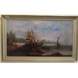 LW Lampet - a shoreline scene with sailing and other craft oil on canvas bears a signature 17''