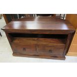 A modern hardwood television stand with an open shelf, over two drawers,