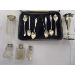Silver and silver coloured metal: to include a set of six silver coffee spoons with a pair of tongs