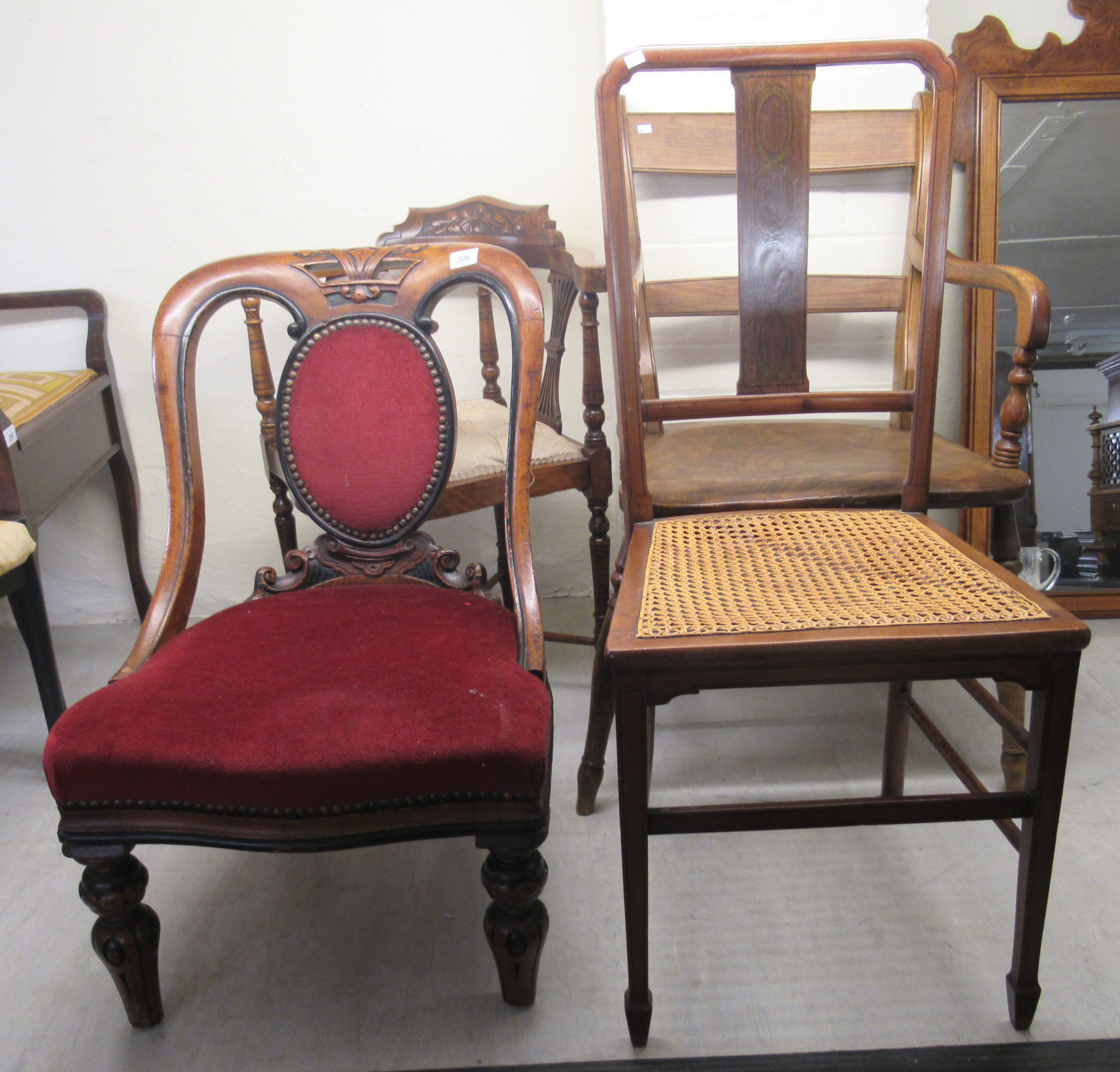 Four dissimilar 19thC and later chairs: to include an Edwardian stained beech and mahogany framed