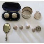 Silver items: to include a miniature hand mirror, three thimbles and a filigree worked,