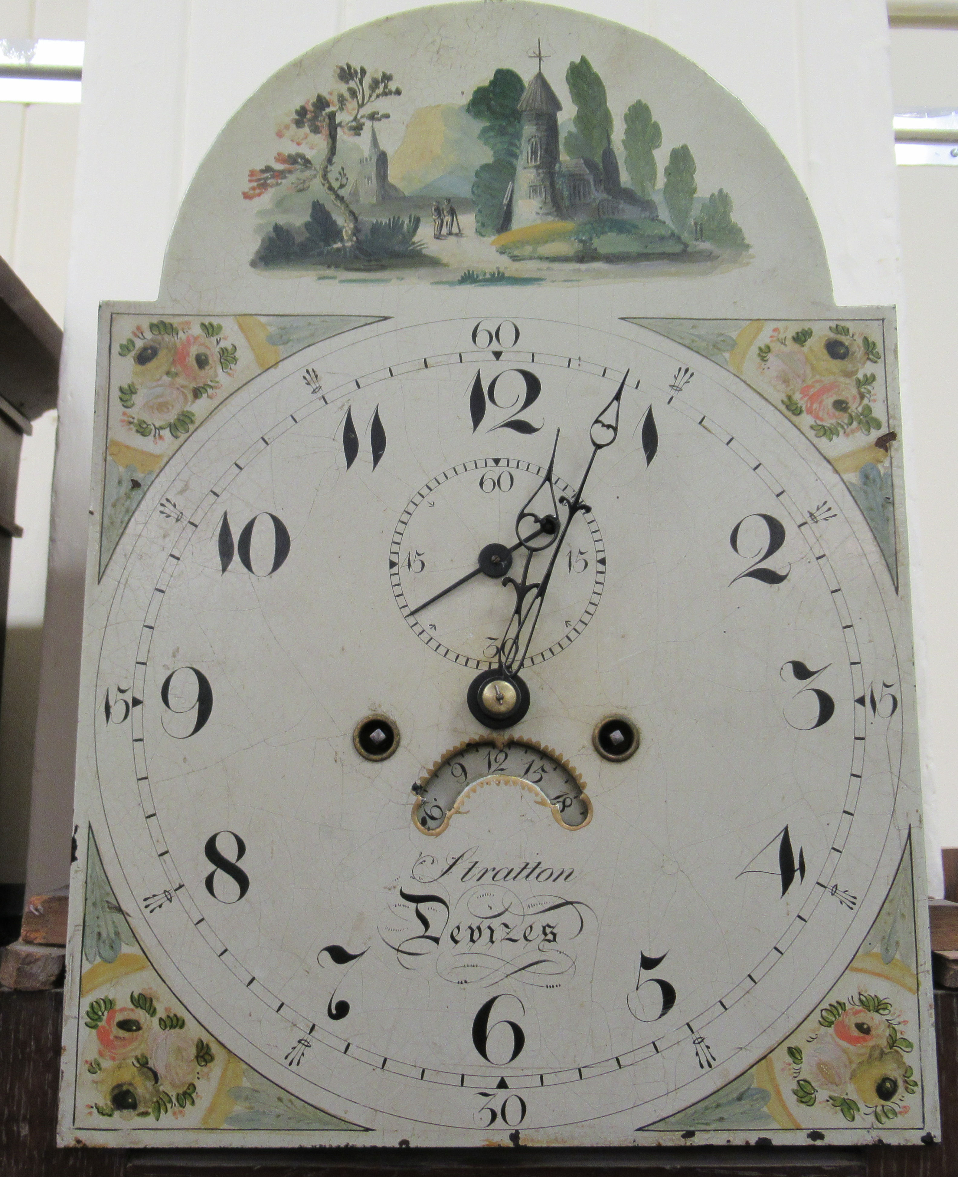 A late 18th/early 19thC oak longcase clock, the hood with a swan neck pediment and a waisted trunk, - Image 2 of 4