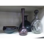 Four pieces of Art Glass, viz. a semi-opaque green ships decanter design vase with etched marks 8.