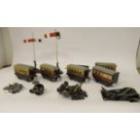 Hornby 0 gauge printed tinplate model railway Pullman coaches; two signals; spoked wheels;