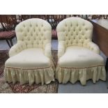 A pair of modern Victorian style nursing chairs, each with a pale yellow, button upholstered back,