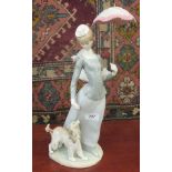 A Lladro porcelain group, a woman holding an umbrella,
