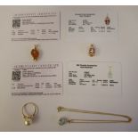 Gold mounted jewellery: to include a 9ct gold ring, set with a central cultured pearl,
