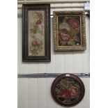 19thC embroidered tapestry panels: to include a floral bouquet 10''dia framed HSR