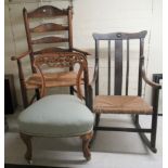 Three dissimilar 19thC chairs: to include an oak and elm framed ladderback style open arm chair,