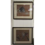 Two modern Chinese School - birds on branches watercolour on bamboo 11'' x 14'' framed RSB