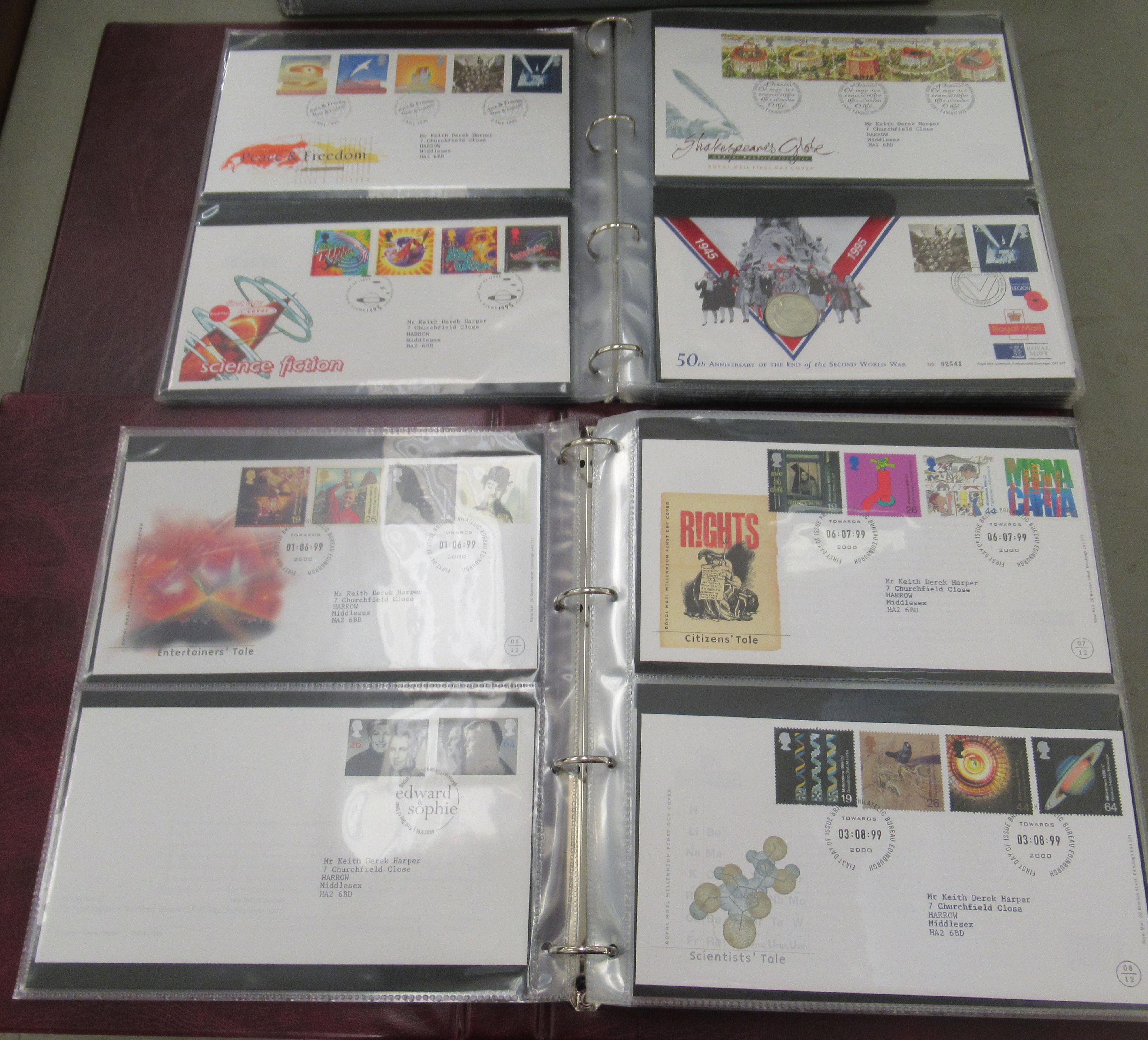 Seven albums containing First Day covers, circa 1985-2002: to include National Trust, Coronation,