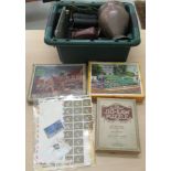 A mixed lot: to include three 'vintage' jig-saw puzzles; a hand-held telescope;
