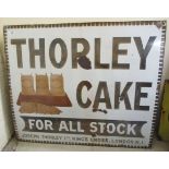A 'vintage' enamelled advertising sign (originally) blue on white for 'Thorley Cake' 32'' x 27''
