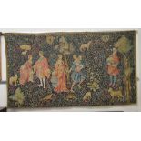 A Medieval inspired, coloured, machine made tapestry with figures and animals,