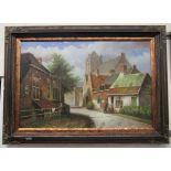 J Hamilton - a European village scene oil on canvas bears a signature 35'' x 22'' framed