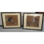 Two modern Chinese School - birds on branches watercolour on bamboo 11'' x 14'' framed RSB