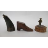 Three 19thC novelty snuff boxes, viz. one boot shaped mahogany example with a sliding lid; a