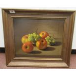 In the manner of Edward Edmondson - a still life study, apples and grapes oil on board 13" x 16"