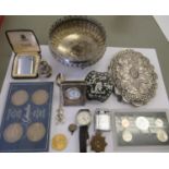 Small collectables: to include a white metal bowl  6"dia; a silver backed mirror stamped 800; coins;
