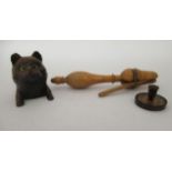 Three items of treen, viz. a cats' head design novelty inkwell; a Tonbridgeware miniature