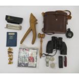 A mixed lot: to include a novelty wooden nutcracker; a pair of Ross of London 9x35 binoculars cased;