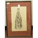 Tom Halifax - 'Woman in long dress' pen & ink bears a signature 14" x 9" framed