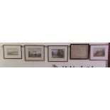 Four framed pictures, viz. figures gathered around a country cottage  watercolour  dated 1854  9"