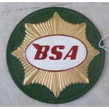 A modern painted cast metal sign 'BSA'  9"dia