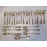 19thC silver Old English pattern flatware, viz. a set of six dessert forks; a set of four and a pair