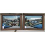 A pair of Japanese coastal scenes, featuring Mount Fuji, three dimentinal reverse painting on glass