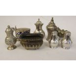 Silver condiments pots: to include a Georgian style oval, pierced mustard with a loop handle, hinged