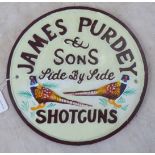 A modern painted cast metal sign 'James Purdey & Sons Shotguns'  9"dia