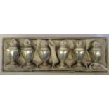 A set of six Continental silver coloured metal hexagonal shape pedestal pepper pots  indistinct