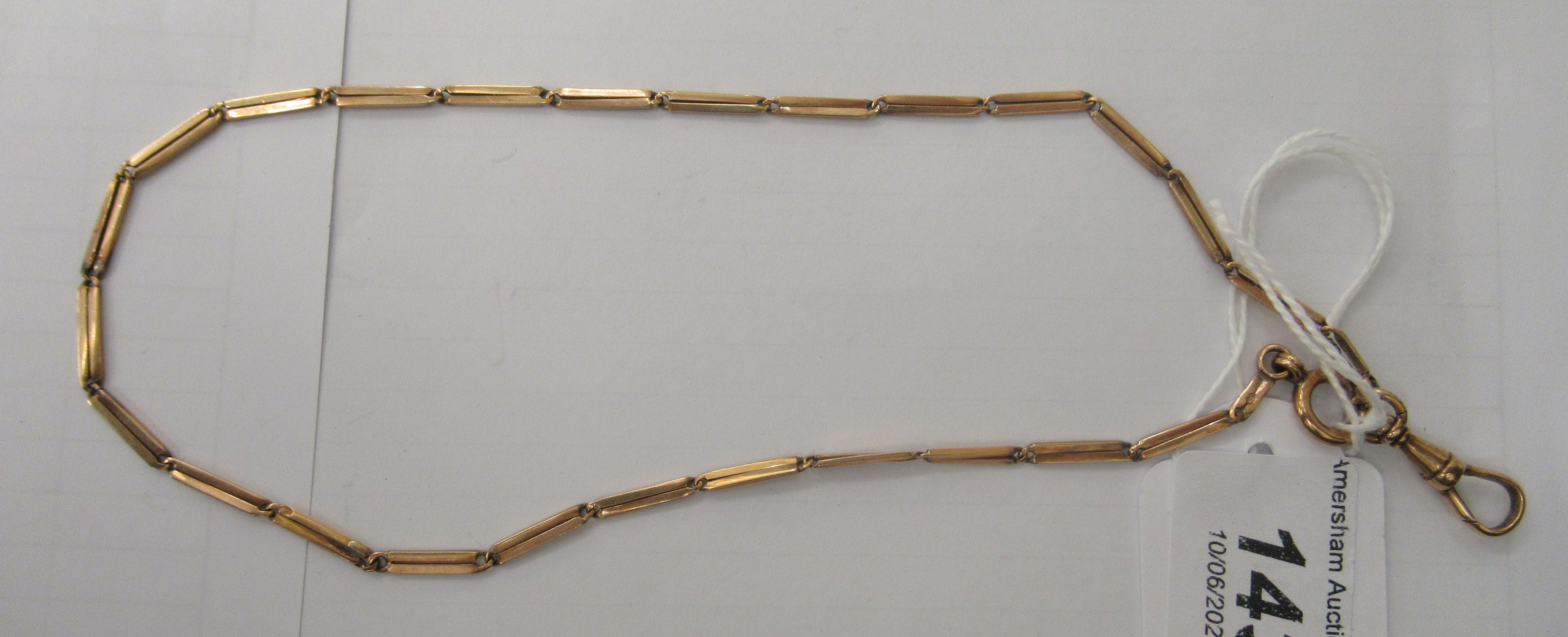 A 14ct gold double rod link half Albert, on ring bolt and dog-clip clasps
