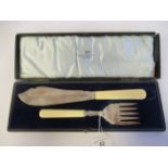 A pair of Walker & Hall silver fish servers, on ivorine handles  Sheffield 1921  cased