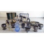 Silver plated tableware: to include a three piece tea set; and tankards