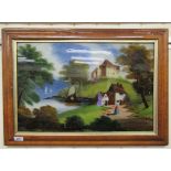 Figures by a lake with buildings  reverse painting on glass  14.5" x 22.5  framed