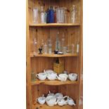 A collection of apothecary related glass bottles  various sizes  some bearing text