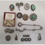 Items of personal ornament: to include silver and silver coloured metal brooches  mixed marks,