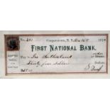 A late 19thC First National Bank of Copperstown, New York depositing cheque for thirty-five dollars,