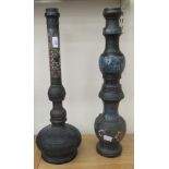 A 19hC Middle Eastern cast and part painted enamelled, bronze, two-part pipe of multi-knopped and