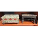 A late Victorian mahogany framed and tapestry upholstered, box design footstool, raised on bun feet;