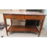 An Edwardian ebony crossbanded and string inlaid washstand, the (broken) marble top, over two in-