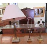 Three similar early 20thC lacquered brass column design table lamps with Corinthian/similar