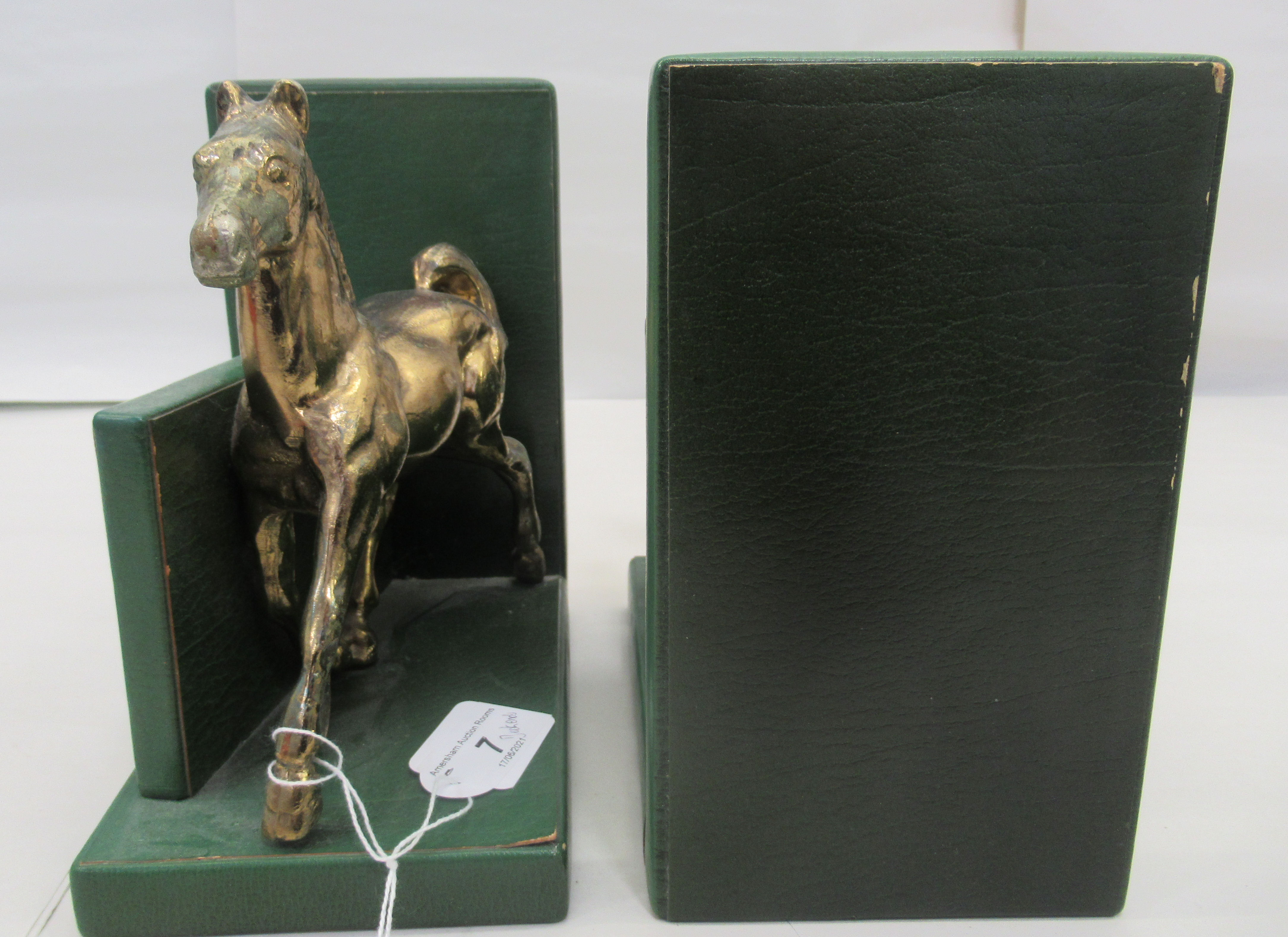 A pair of modern green hide covered bookends, surmounted by trotting brass horses  7"h  6.75"w - Image 4 of 5