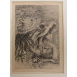 After Renior - a miniature monochrome etching print of a formally dressed lady  3" x 4.5" in a